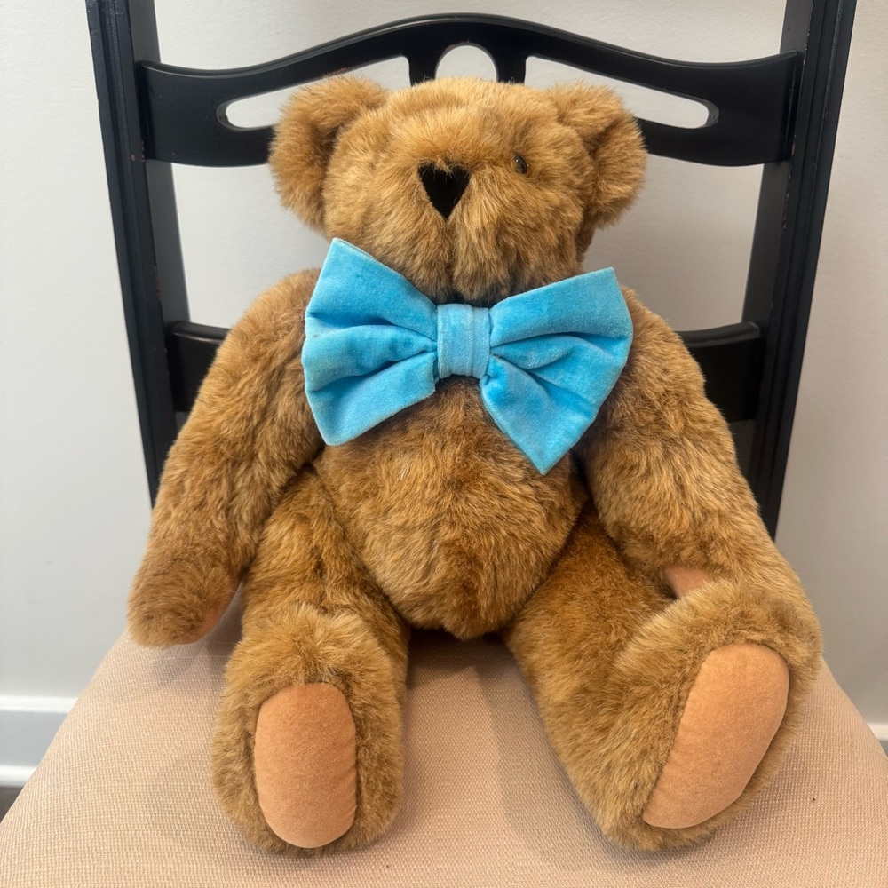 VERMONT TEDDY BEAR Classic Blue Bow Tie Articulated Vintage Plush Bear, 15’ Tall